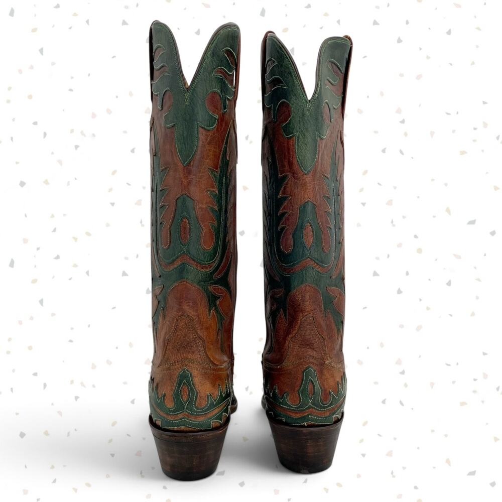 Vintage Lucchese Classics Western Boot Cowboy Green Overlay Brown Leather Size 6 - Picture 10 of 15